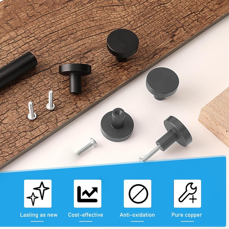 HTRTRR Black Drawer Handles, Single Hole Cabinet Knobs, 6PCS, Matte