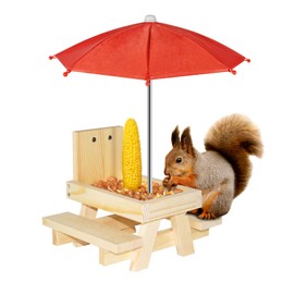 Squirrel Feeder with Umbrella Squirrel Table Feeder with Sturdy Squirrel Feeder with Corn Cob and Peanut Tray Holder Sturdy with Solid Structure Easy to Install (Wood)