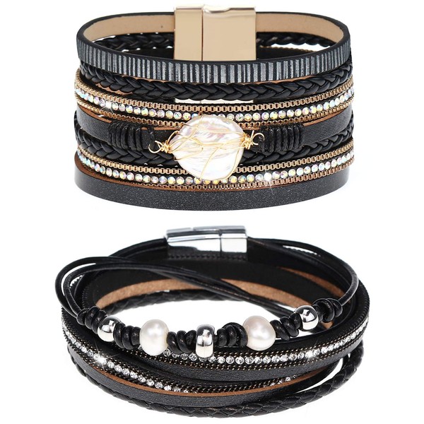 Gleamart Black 2 Pieces Multilayer Leather Bracelet Set Beads Wrap