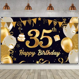 Decoración de fiesta de cumpleaños 35, extragrande, color negro, dorado, para fiesta de cumpleaños 35, telón de fondo para hombres y mujeres, suministros de decoración de fiesta de aniversario de 35