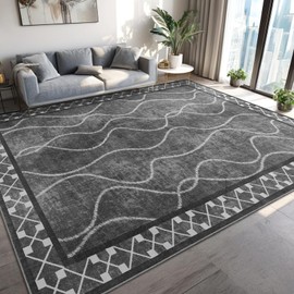 Woottpe Washable Area Rugs 8x10, Non-Slip Rugs for Living Room Bedroom, Low Pile Large Soft Alfombras, Modern Bordered Home Floor Rugs for Kids Playroom Office Dining Room Farmhouse, Dark Grey