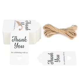 Thank You for Celebrating with Us Tags, 100PCS Paper Gift Tags with Natural Jute Twine Perfect for Wedding, Baby Shower and Party Decoration (Pure White)