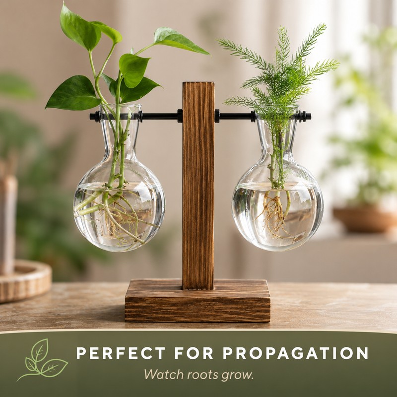 Desktop Hydroponic Plant Propagation Vase with Wooden Stand and 2
