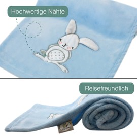 cozy racoon Baby Blanket, Soft Cuddly Blanket for Baby Boys and Girls, Gift for Christening, Birth or First Equipment I Blue Blanket with Rabbit