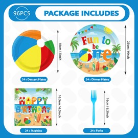 Grencian 96Pcs Beach Ball Party Supplies Summer Beach Ball 1st Birthday Plates and Napkins Tableware Sets Fun to Be One Decorations for Baby Shower Luau Pool First Birthday Party Supplies Serves 24