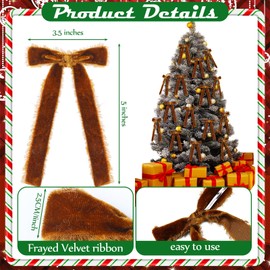 Suncalla 12 Pcs Frayed Velvet Bows Christmas Ornaments Tree Vintage Frayed Crushed Velvet Ribbon Bows for Tree Garland Wreath Indoor Outdoor Xmas Decorations (Brown)