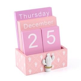 Notakia Perpetual Calendar Wooden Blocks Vintage Wood Block Calendar for Home Office Desk Accessories Week Month Date Display (Pink Calendar)
