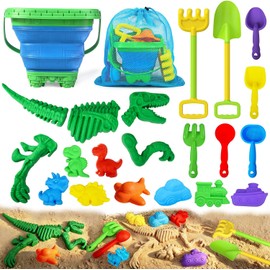 Juguetes de Playa de Dinosaurios para Niños, Set de Juguetes de Arena con Cubo Plegable, Moldes, Pala, Rastrillo, Bolsa de Malla, Kit de Construcción y Excavación de Dinosaurios