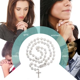 RWQIAN Rosary Beads Catholic Women Men White Rosary Bling Beads Necklace with Cross Pendant First Holy Communion Baptism Gift for Girls Boys