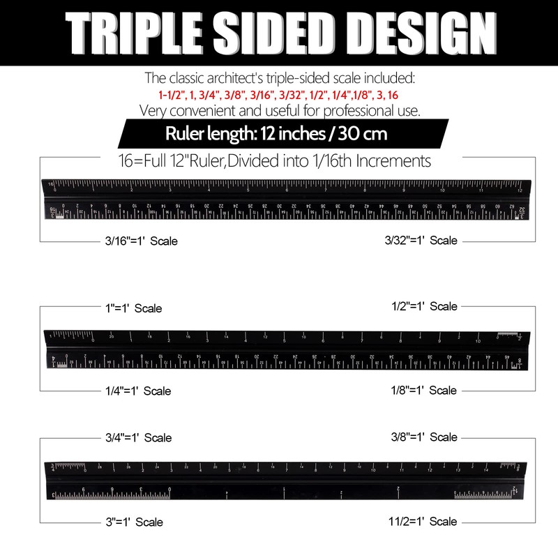 12" Architectural Scale Ruler, Aluminum Scale, Triangular Ruler, Scale Ruler