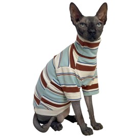 Vintage Stripes Sphynx Hairless Cats Shirt Cotton Cat Turtleneck Pet Clothes Kitten T-Shirts with Sleeves for Sphynx Cornish Rex, Devon Rex, Peterbald (Mint Brown, Small (Pack of 1))