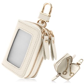 Gineman Smart Key Case, Storage of 2, Clear Window, For Women, Men's, Double Pockets, Leather, Zipper, Smart Key Case, Cover, Carabiner Included, Multi-functional, white (off-white)