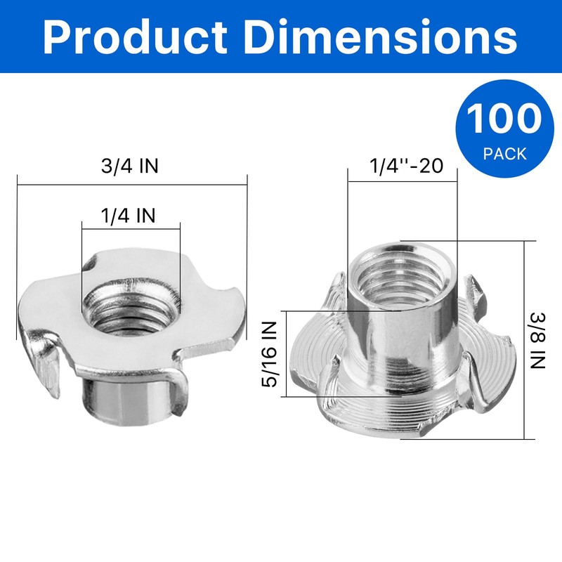 Akamino 100 Pack 1/4"-20 T-nut, 304 Stainless Steel Threaded Insert,