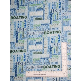 Henry Glass & Co. Boat Nature Crickets Loons Words Blue Fabric Dockside Cotton by Henry Glass Yard