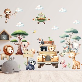 SMAOSTORE Wall Sticker Hand Painted Tropical Cute Animal Sticker Stylish Tree Airplane Zoo Kids Room Bedroom Kindergarten Classroom Background Wall Waterproof Removable Wall Paper Wallpaper
