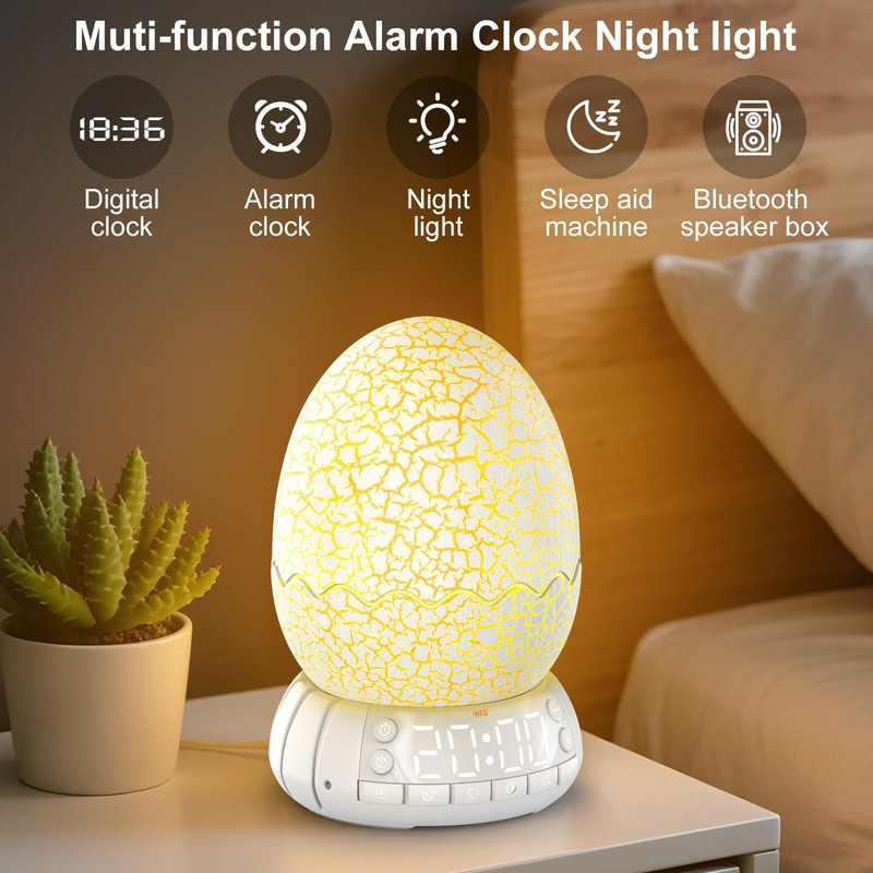 Dinosaur Egg Alarm Clock for Kids, Wake Up Light, Bluetooth