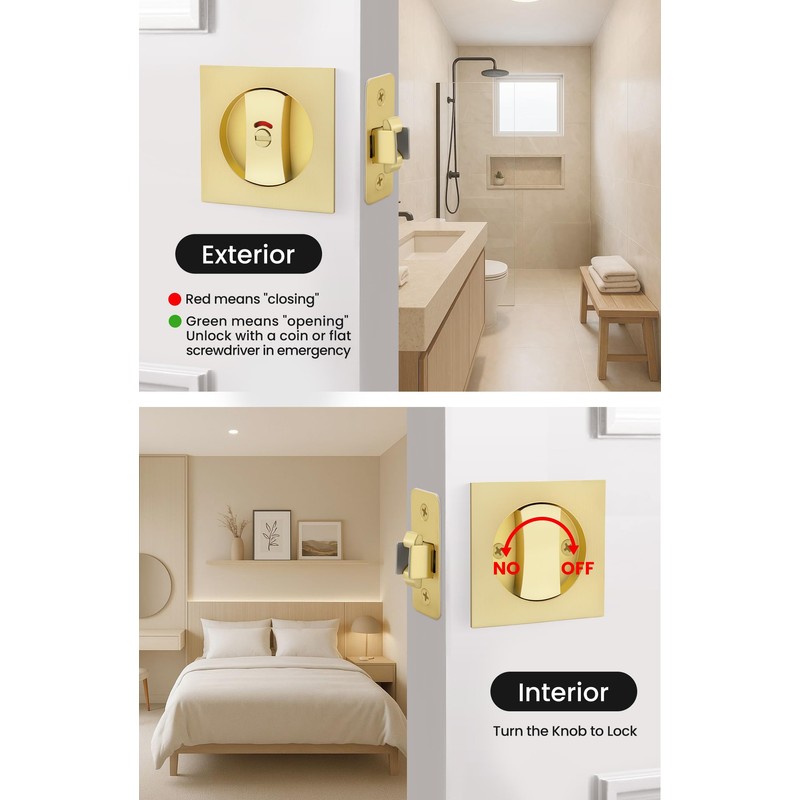 goldenwarm Brushed Gold Square Pocket Door Lock with Indicator, Pocket