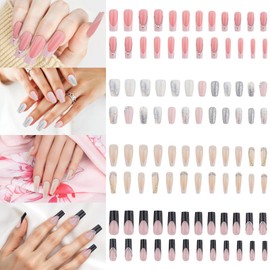 96Pcs Long Square Fake Nails French Tip Press on Nail with Rhinestone Designs Glossy Nude Pink False Nails Full Cover Artificial Glue on Nail Finger Decorations for Women and Girls