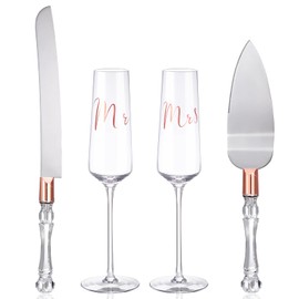 Set de Flautas para Tostar Bodas y Servidor de Pastel de 4 Piezas Suministros para la Recepción de Bodas Copas de Champán Cuchillo para Pastel Servidor de Tartas (Oro Rosa, Clásico)