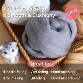 the Woolmo Natural Wool Roving Work Well for Wet Felting and Needle Felting Project， Wool Felt DIY Craft Materials,Frequently Used Brown Series ，100g，(Gray)