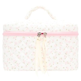 Quilted Makeup Bag Large Travel Zipper Soft Cosmetic Case for Women Girls Make Up,Little Flower Pink