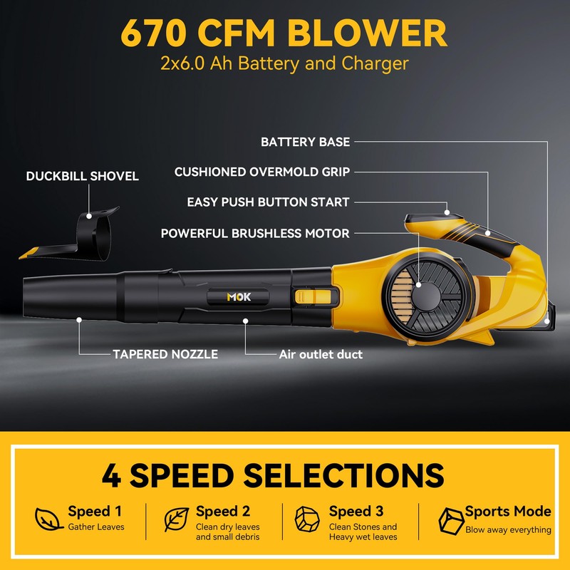 MOK Leaf Blower Cordless,Brushless Motor with 2 * 6.0Ah Battery