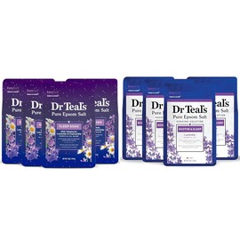 Dr Teal's Sal de Epsom pura, calma y duerme con lavanda, 3 libras (paquete de 4) (el embalaje puede variar) y remojo para dormir con sal pura de Epsom, melatonina y mezcla de aceites esenciales, 3
