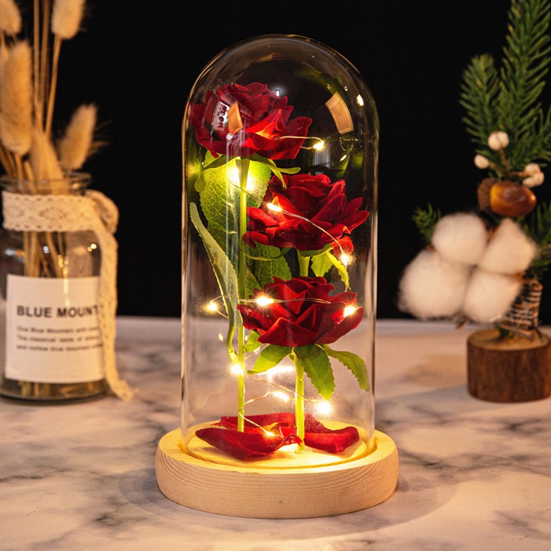 Glass Dome Rose Ornament LED Strip Light Blessing Romantic Glass