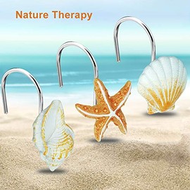12 ganchos para cortina de ducha para baño, diseño de playa de océano, decoración del hogar, ganchos para cortina de ducha (concha: café claro, estrella de mar: bronceado, caracoa: café claro)