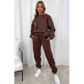 KANSOON Tracksuit for Women Set Two Piece Sweat Suit Outfits Long Sleeve Solid Color Top High Waist Pants Lounge Sets Brown XL