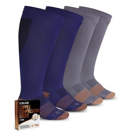 Doctor's Select Copper Plus Size Compression Socks Wide Calf - 2 Pairs | 20-30mmHg Extra Wide Calf Compression Socks Women | Wide Calf Compression Socks Women Plus Size | Copper Compression Socks Plus Size for Traveling & Running | Gray & Navy