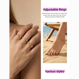 TOPBRIGHT 12PCS Toe Rings for Women - 14K Gold Filled With CZ, Adjustable Open Band Rings, Flower Design Dainty，Summer Beach Foot Jewelry Set for Women