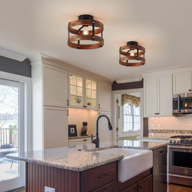 Rustic Farmhouse Wood Flush Mount Ceiling Light Fixture 1 Light