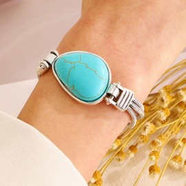 925 Sterling Silver Extra Large Turquoise Bracelet for Men and Women Bohemian Ethnic Style Creative Design Oval Friendship Bracelet Unique Handmade Ethnic Bracelet