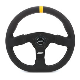 Grant Steering Wheel, Performance Flat Bottom, 13 x 12.25 in Diameter, D-Shaped, 1 in Dish, 3-Spoke, Black Vinyl Grip, Yellow Stripe, Aluminum, Black Anodized, Each