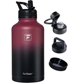Fanhaw 64 oz Stainless Steel Insulated Water Bottle with 3 Lids (Straw, Spout and Carabiner Lid) - Half Gallon Sports Water Flask Jug (Red Black)