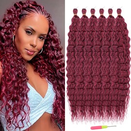 Ocean Wave Crochet Hair Extension Dark Red Curly Braiding Crochet Hair Synthetic Deep Wave Crochet Hair Extensions 30 inch 6packs # burg
