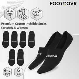 FOOTCOVR Premium Ultra-Soft Black No Show Socks - Non-Slip Invisible - Breathable Cotton & Lightweight Unisex Design, 6 Pack (Mens 6-12)