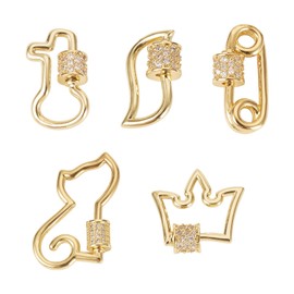 Pandahall 5Pcs 18K Gold Plated Screw Carabiner Lock Charm Clasps Brass Cubic Zirconia Jewelry Carabiner Bottle Crown Cat Necklace Clasps for DIY Bracelet Keychain Jewelry Making