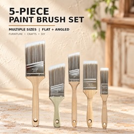5-Piece Wide Paint Brush Set – Synthetic Fiber Flat and Angled Brushes with Wood Handles for Painting Furniture Crafts and DIY