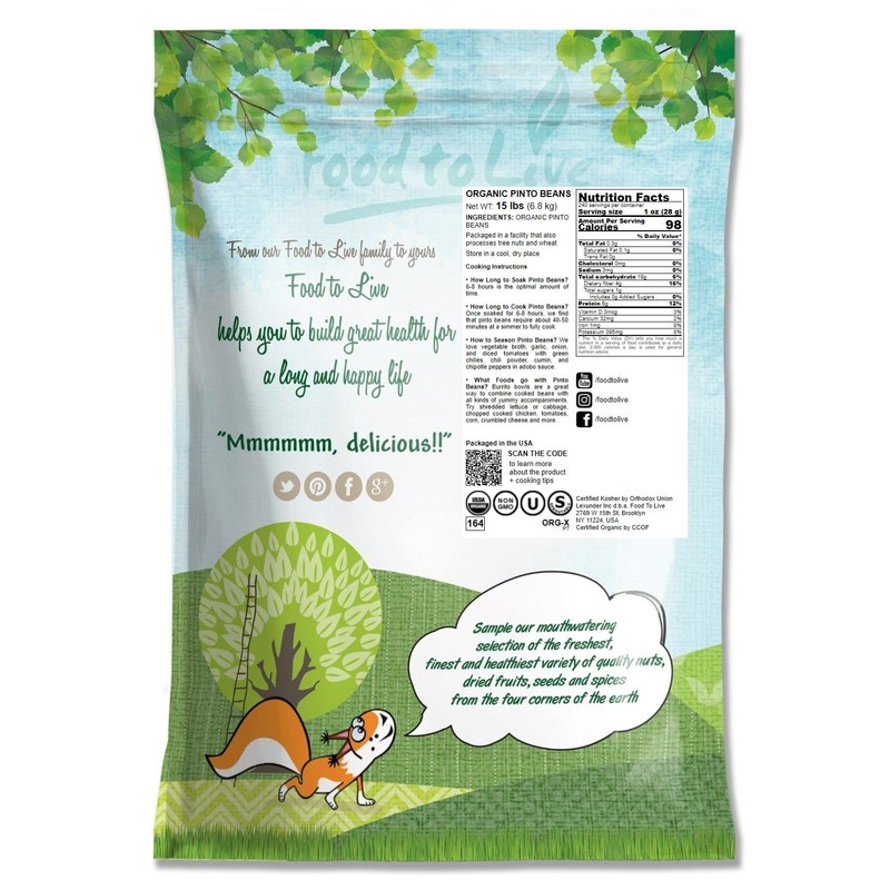 Food to Live Organic Pinto Beans, 15 Pounds Non-GMO, Frijioles
