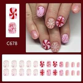 CEWEWP Square Christmas Press on Nails Short Fake Nails with Ribbon Candy Cane Stripe Snowflake Bow Design Glitters Xmas False Nails Glossy False Nails 24 Pcs Acrylic Stick on Nails for Women