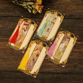 [Magic of Sedona] Mucha's Gold Metal Bookmark, Luxury Openwork Carving (Yellow), Alphonse Mucha "Four Seasons" "Fruitful Autumn" Luxurious Tassel Included