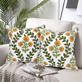 Alysheer Floral Embroidered Summer Decorative Throw Pillow Covers 20"x 20" Set of 2, Farmhouse Cottage Orange Flowers Green Leaves Knit Pattern Cotton Canvas Cushion Case for Couch Bed Living Room