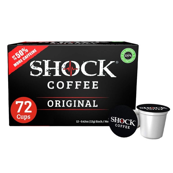 Shock Coffee Single Serve Cups. Up to 50% more Caffeine than Regular Coffee. 72 count - Compatible with Keurig K-Cup Brewers 2.0