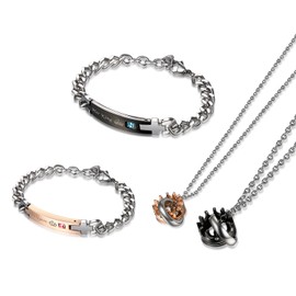 Flongo Couple bracelet, necklace set, rope bracelet, partner bracelets, pendant necklace with engraving, heart puzzle, partner chains, Stainless Steel