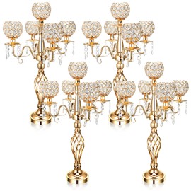 Nitial 4 Pcs 5 Arm Crystal Candelabra Centerpieces for Tables 27 Inch Tall Crystal Candle Holders Bowl Candelabra Table Centerpieces Decor for Wedding Christmas Dinner Party Events (Gold)
