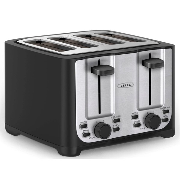 BELLA 4 Slice Toaster with Auto Shut Off - Extra Wide Slots & Removable Crumb Tray and Cancel, Defrost & Reheat Function - Toast Bread & Bagel, Black