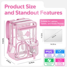 Contixo Clear Backpack for Kids & Adults - Transparent PVC Bookbag - Stadium-Approved Travel Bag for School, Waterproof - Adjustable Straps - Durable Tear-Resistant - 16.9" x 13.7" x 6.6" - Pink