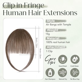 Clip in Bangs Fringe Human Hair Medium Brown Clip in Hair Extensions Remy Human Hair Hairpieces for Women, Thin Wispy Bangs